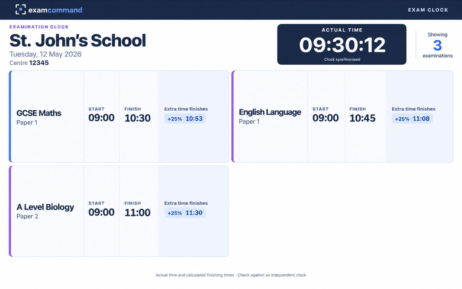 Illustrative Exam Command examination clock for St. John’s School, showing start times, finish times and extra time for three examinations
