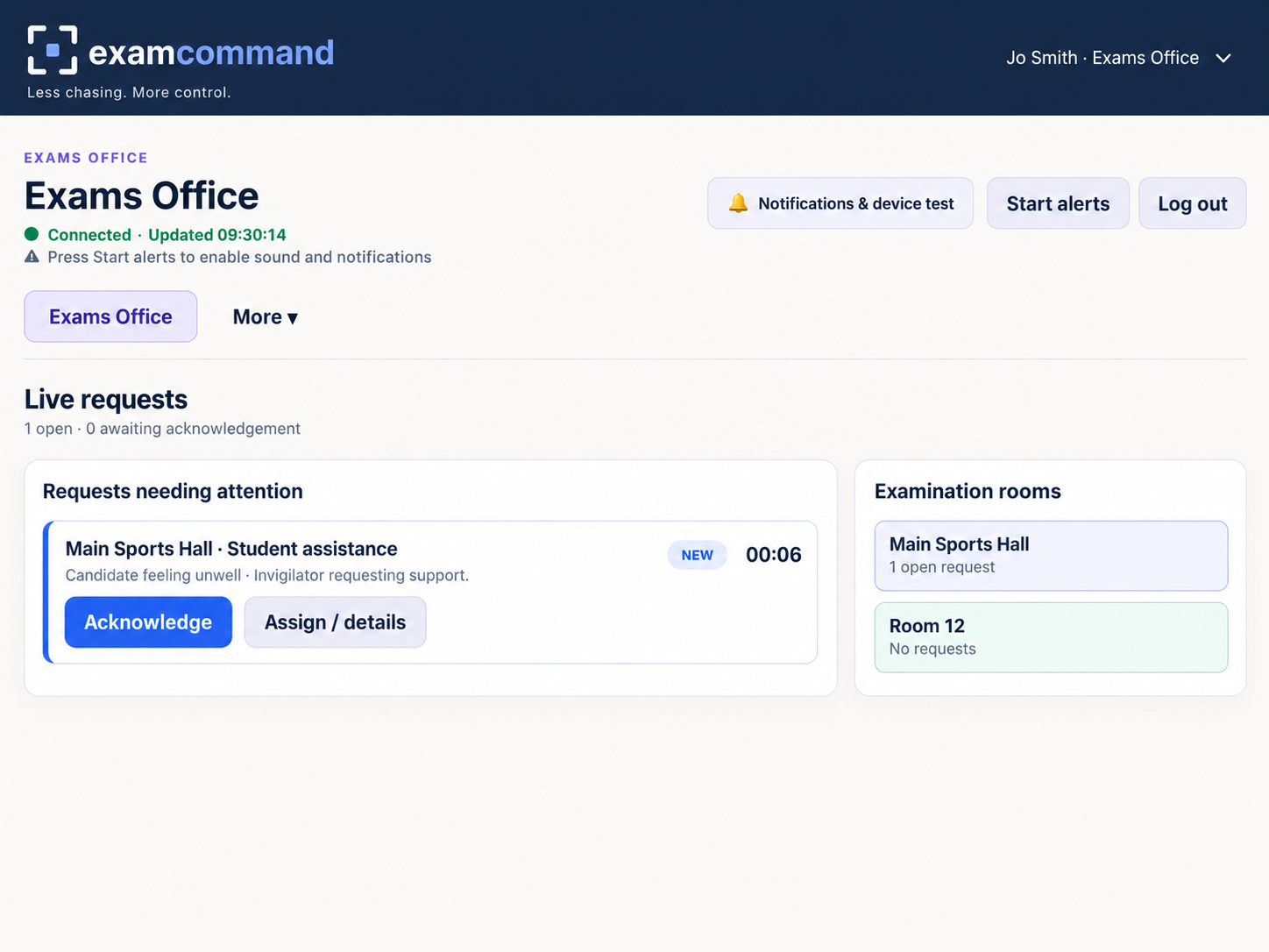 Exam Command Exams Office screenshot showing a request from Main Sports Hall and examination-room status