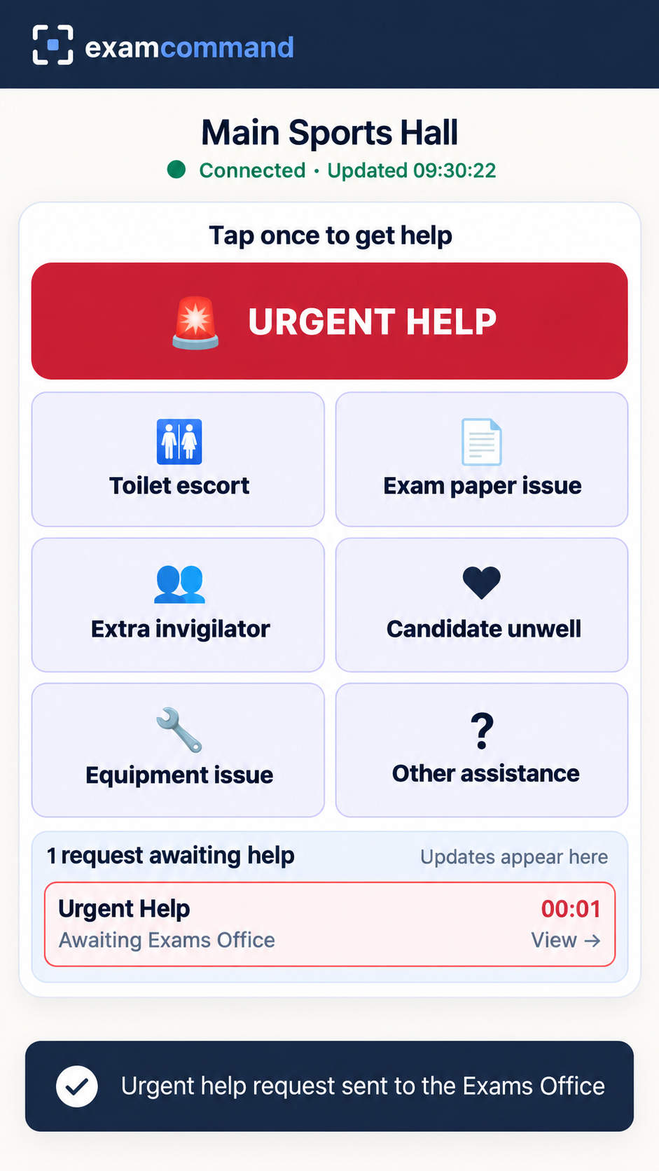 Exam Command invigilator help-request screen